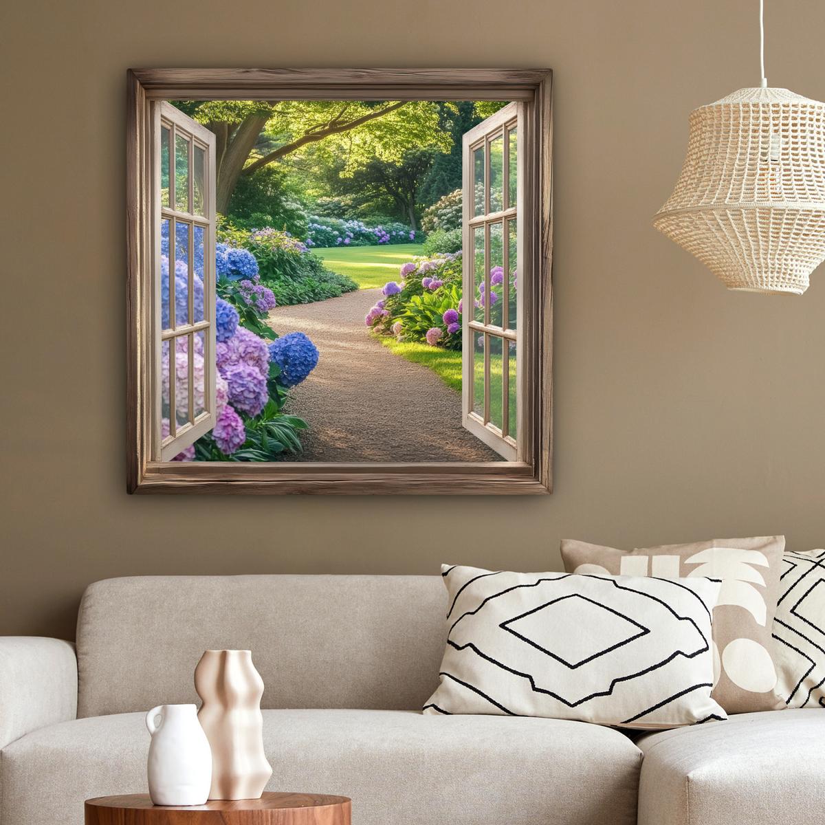 LEINWANDBILD Aussicht - Garten - Fenster - Hortensie - Blumen Deko Groß 90x90 cm - Pastellblau, Textil (90/90cm) - MuchoWow