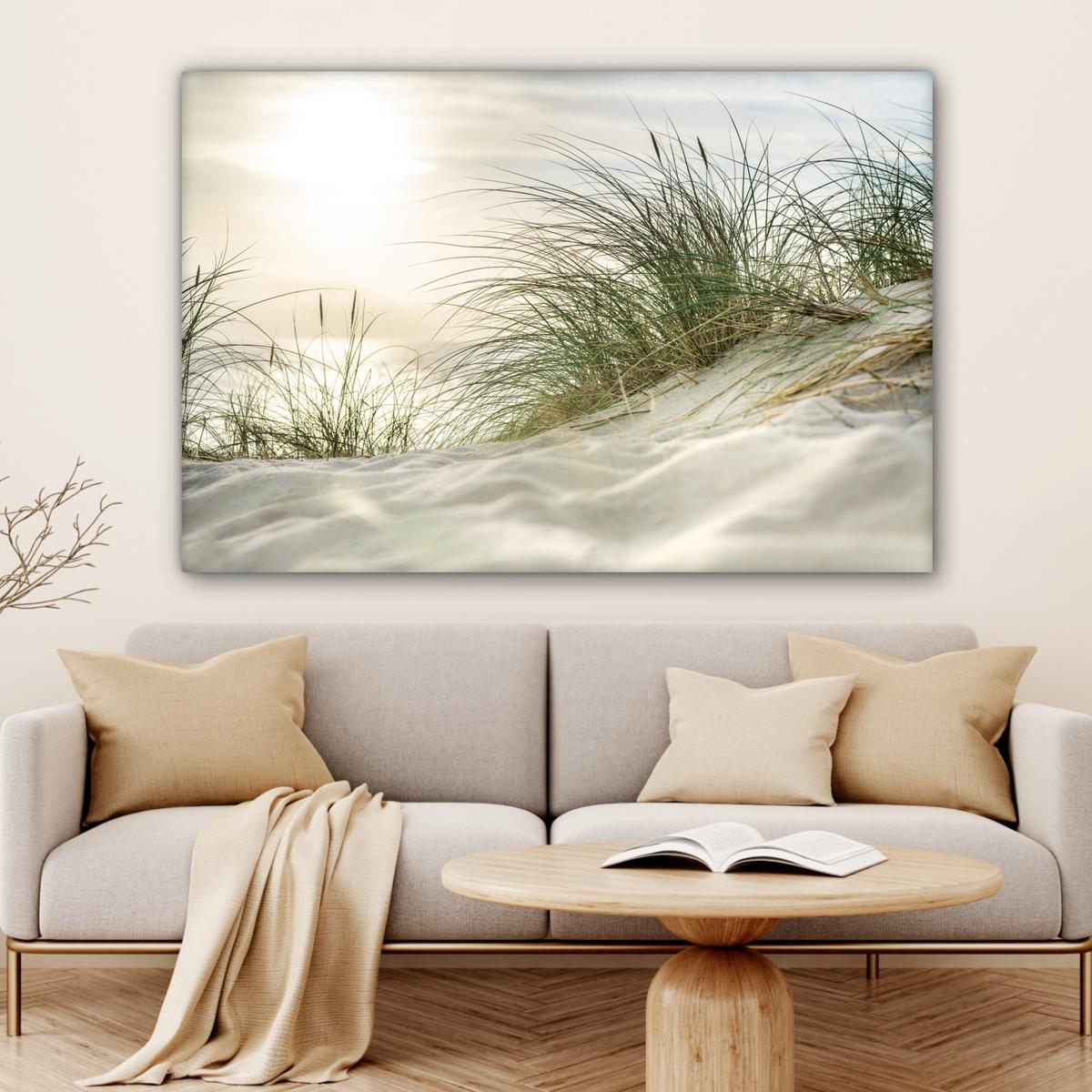 LEINWANDBILD Dünen mit Strandhafer in der Sonne des Nationalparks Schleswig-Holsteinisches Wattenmeer Wohnzimmer Groß 120x80 cm - Creme, Textil (120/80cm) - MuchoWow