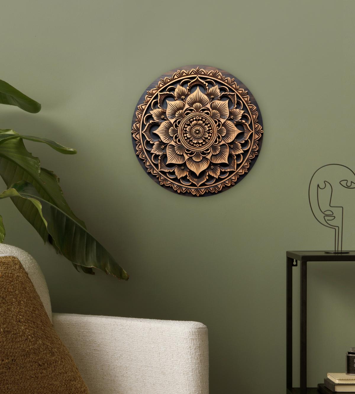WANDBILD Mandala - Holz - Blumen - Braun Deko Wohnzimmer 30x30 cm - Gelb, Kunststoff (30/30cm) - MuchoWow