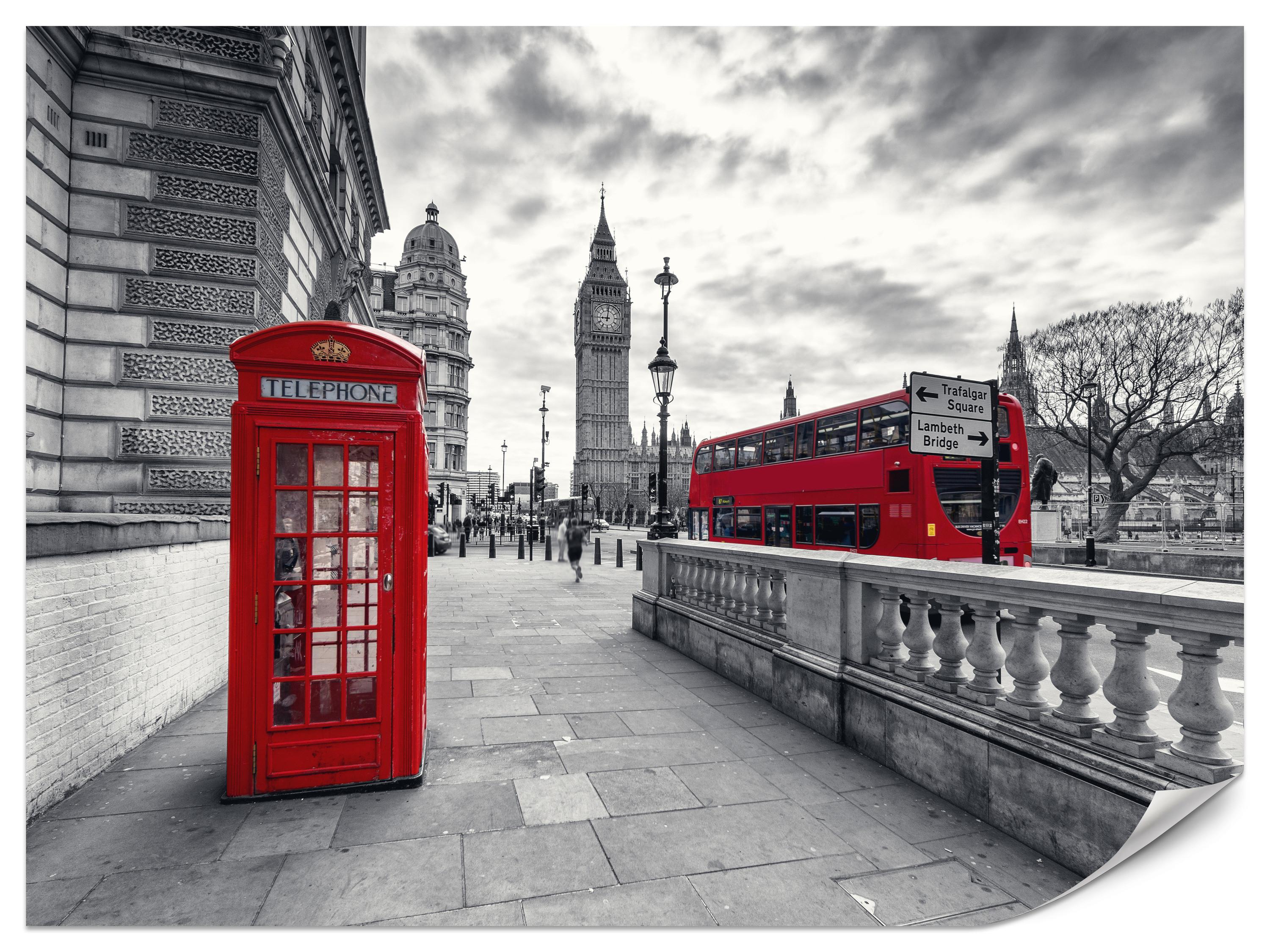 FOTOTAPETE für Wohnzimmer Rote Telefonzelle London Monument BIG BEN Bus 150x105 - Rot/Weiß, Papier (150/105cm) - Muralo