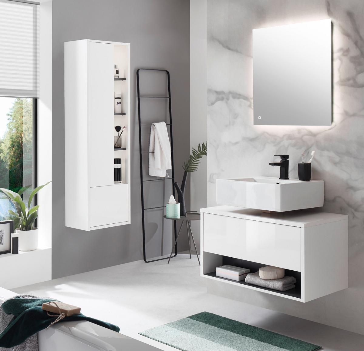 BADSCHRANK weiß Hochglanz, grau, Badezimmer Hochschrank inklusive Beleuchtung - Weiß Hochglanz/Grau, Holzwerkstoff (45/150/30cm) - Furn.Design