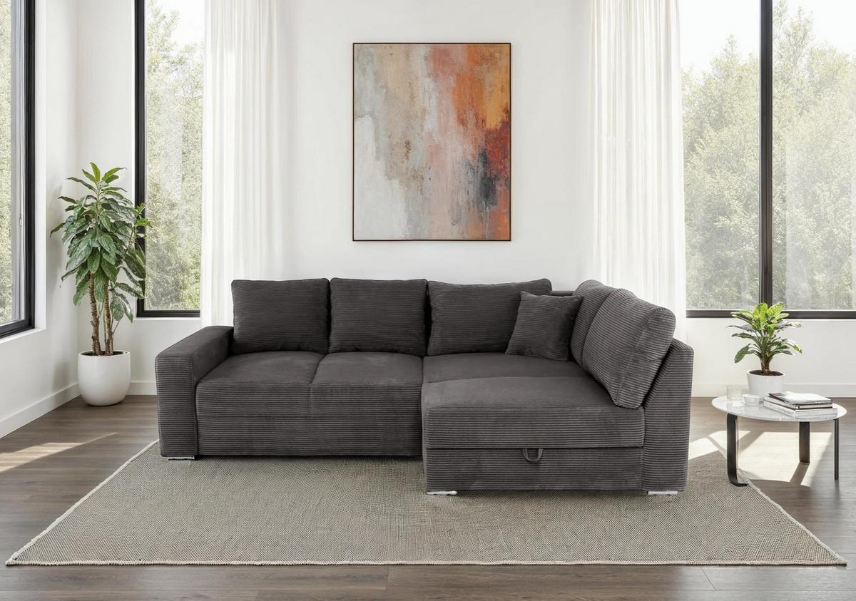 ECKSOFA-DAUERSCHLÄFER Boxspring Federkern Topper Bettkasten, seitenverkehrt montierbar B260/T181/H88 cm, Cord Dunkelgrau / 15233 - Chromfarben/Dunkelgrau, Textil/Metall (260/181cm) - luma-home