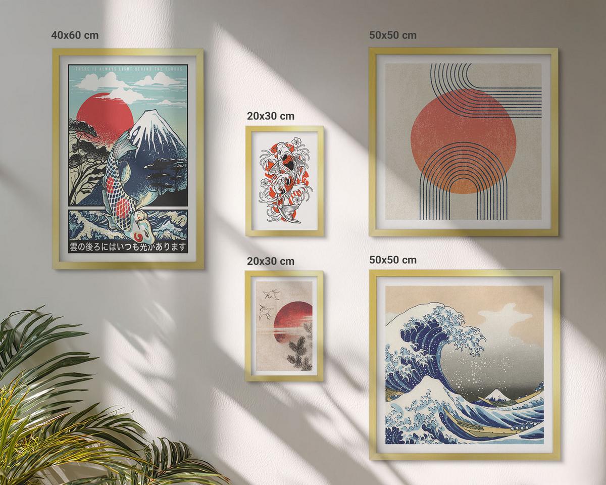 BILDER SET 5er Set - 50x50 cm & 20x30 cm & 40x60 cm Goldrahmen - Illustrationen von Fischbergen, die sich in Japan ausbreiten - Goldfarben, Kunststoff (40/60cm) - TULUP