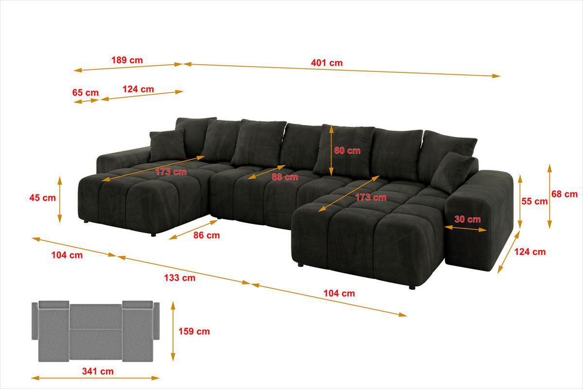 WOHNLANDSCHAFT ENIL-U 401x189x68 Schwarz Velours - Schwarz, Holzwerkstoff/Kunststoff (401/68/189cm) - ALTDECOR