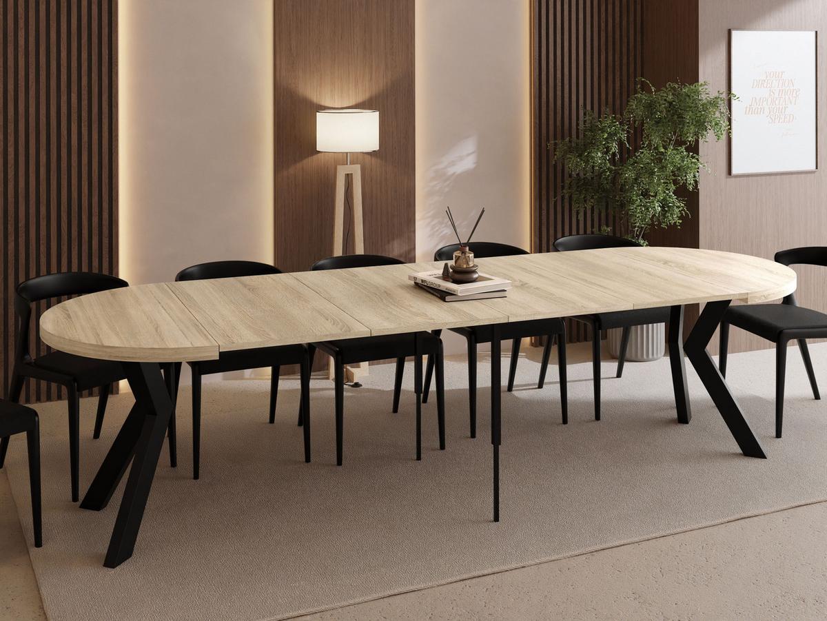 ESSTISCH Savio rund ausziehbar verlängerbar XXL, Eiche Sonoma Hellbraun 100-300/100/77 cm - Schwarz/Sonoma Eiche, Holz/Holzwerkstoff (100/300/77cm) - WFL GROUP
