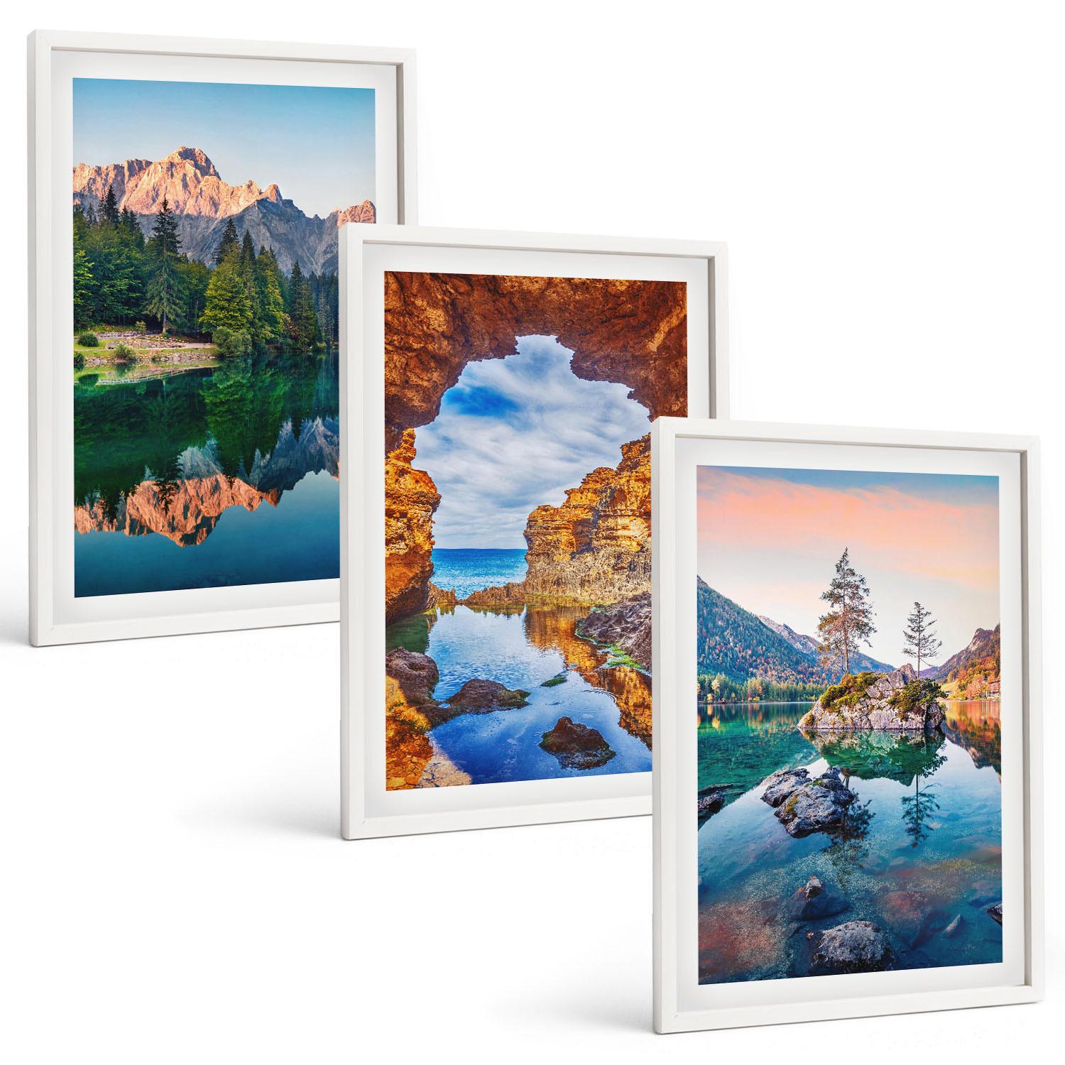 BILDER SET 3er Set - 40x60 cm Weißer Rahmen - Spiegelungen der Felsen in Bergseen - Weiß, Kunststoff (40/60cm) - TULUP