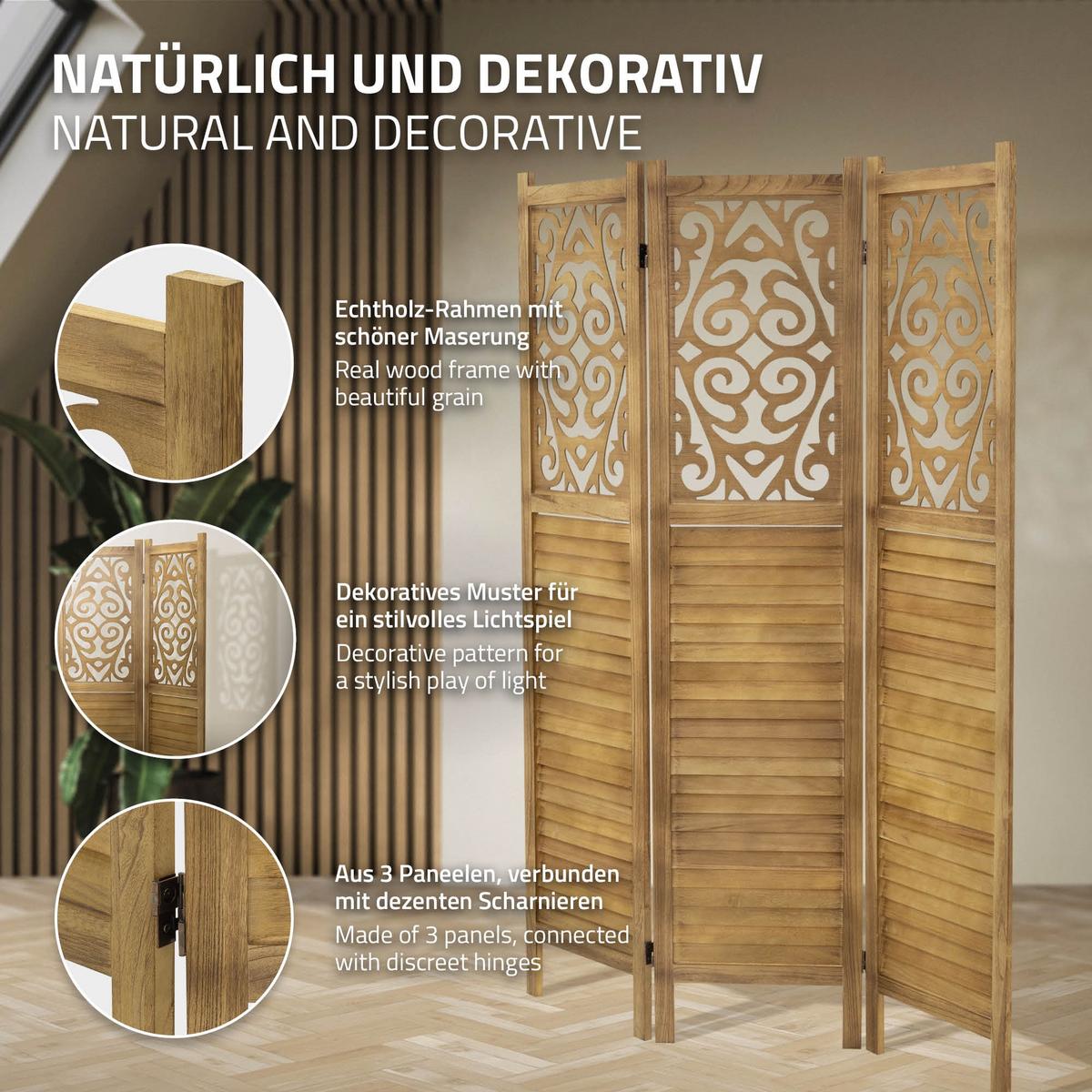 PARAVENT 3 teilig Tokio 170x121 cm Naturaus Holz - Braun, Holz (121/170/2cm) - ML-DESIGN