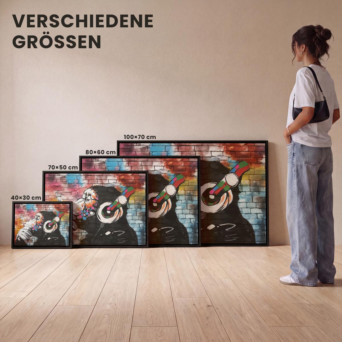 LEINWAND Bilder mit Rahmen - Affe - Graffiti - Musik - 100x70 - Multicolor, Textil (100/70cm) - MuchoWow