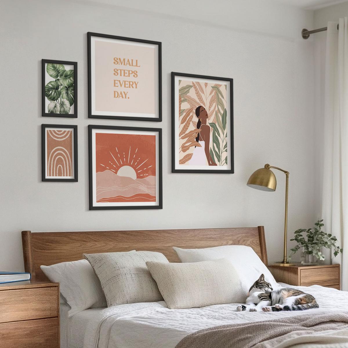 BILDER SET 5er Set - 50x50 cm & 20x30 cm & 40x60 cm Schwarzer Rahmen - abstrakte Formen im Boho-Stil - Schwarz, Kunststoff (40/60cm) - TULUP