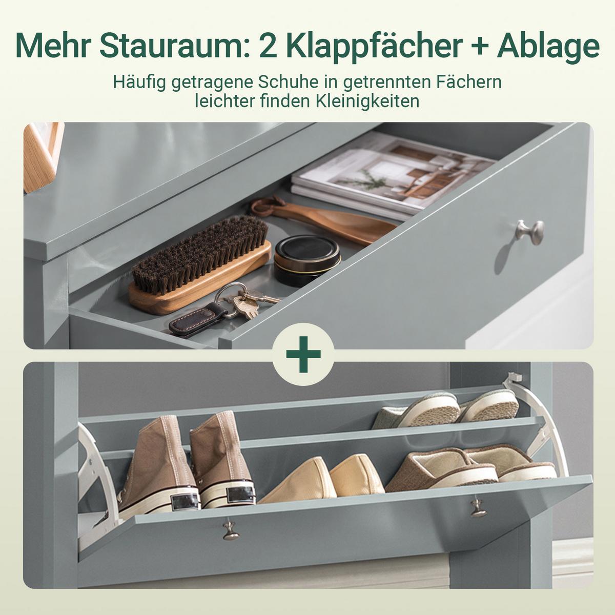 SCHUHSCHRANK Grau, 80 x 108 x 25 cm, mit Schublade und 2 Klappen für bis zu 12 Paar, schmal für den Flur - Grau, Holzwerkstoff (80/108/25cm) - SoBuy