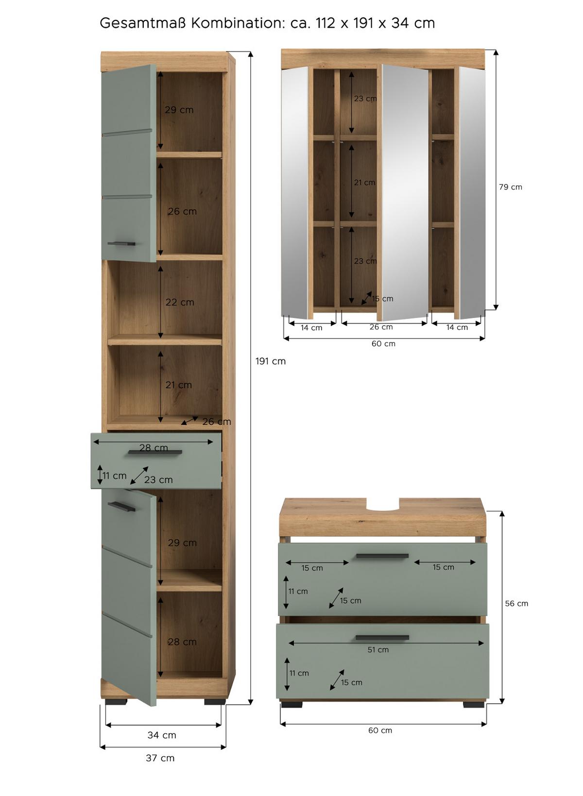BADMÖBEL-SET Salbei grün, Eiche Artisan 3-teilig 112 cm, Komplettset mit viel Stauraum - Salbeigrün/Schwarz, Glas/Holzwerkstoff (112/191/37cm) - Inn.Furn