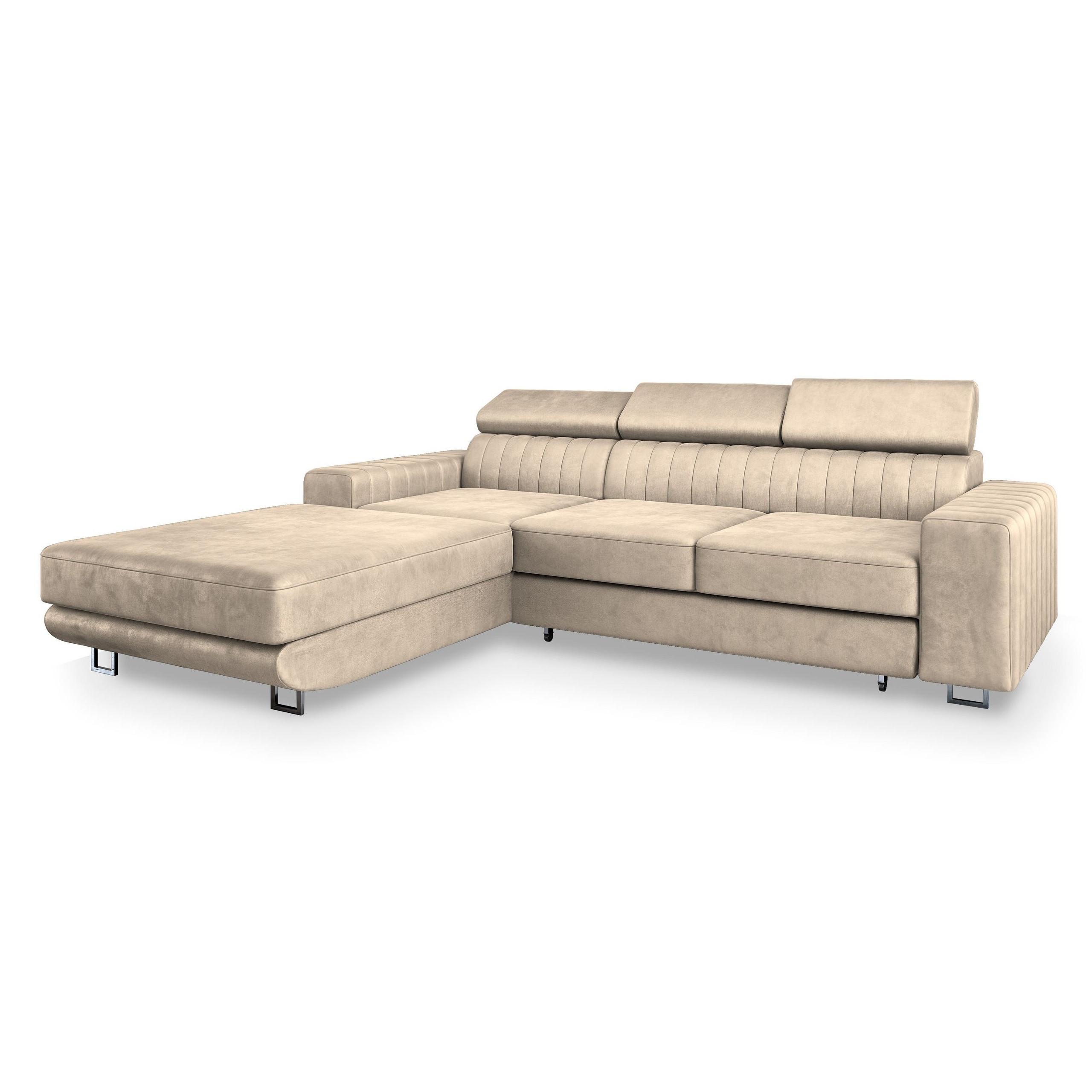 ECKSOFA NOTO L-S Creme Velours-Stoff mit Schlaffunktion - Silberfarben/Creme, Holz/Textil (267/190cm) - MASSENO