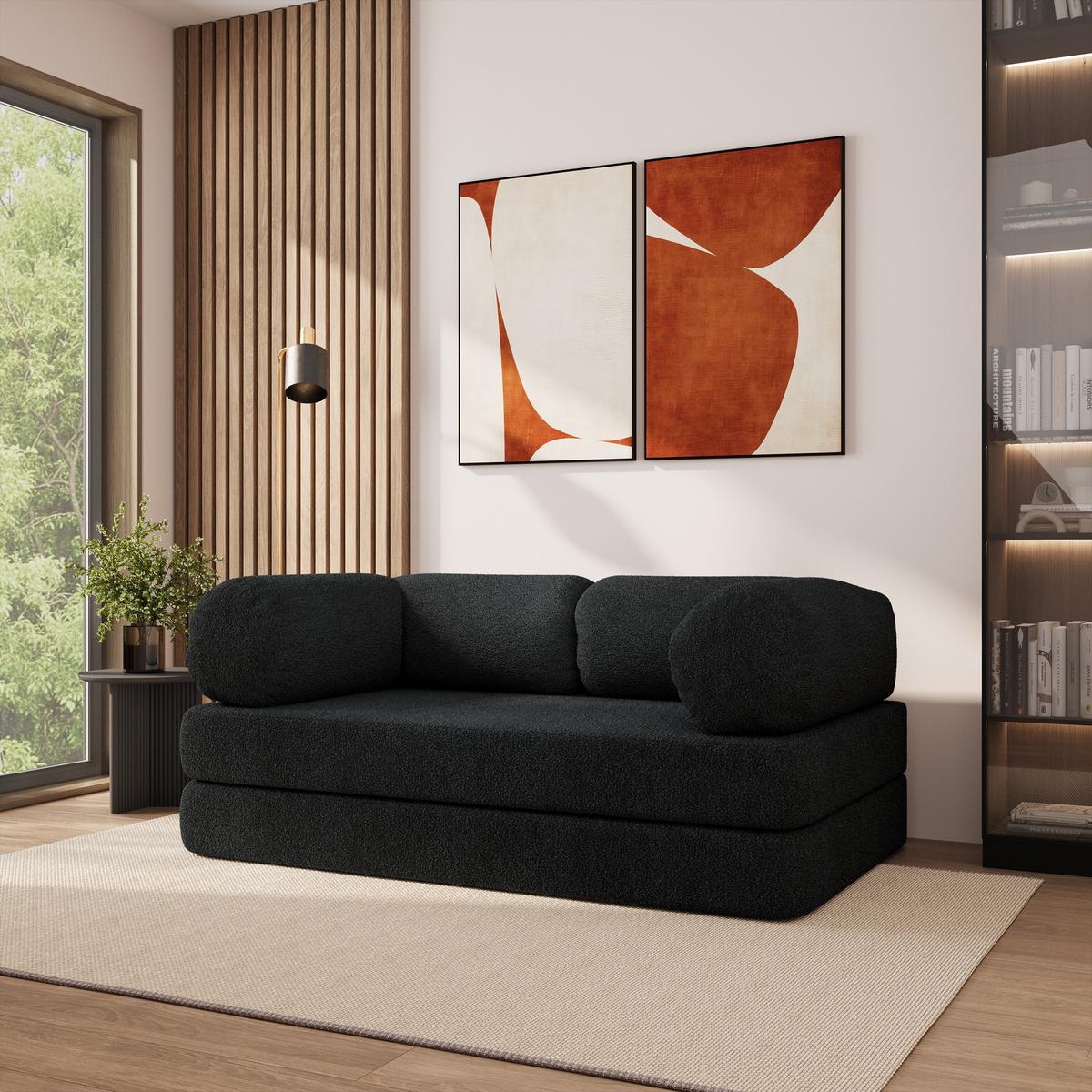 BETTSOFA EIREN aus Schaumstoff Bucle-Stoff Schwarz Schlaffunktion - Schwarz, Textil (170/68/80cm) - MASSENO