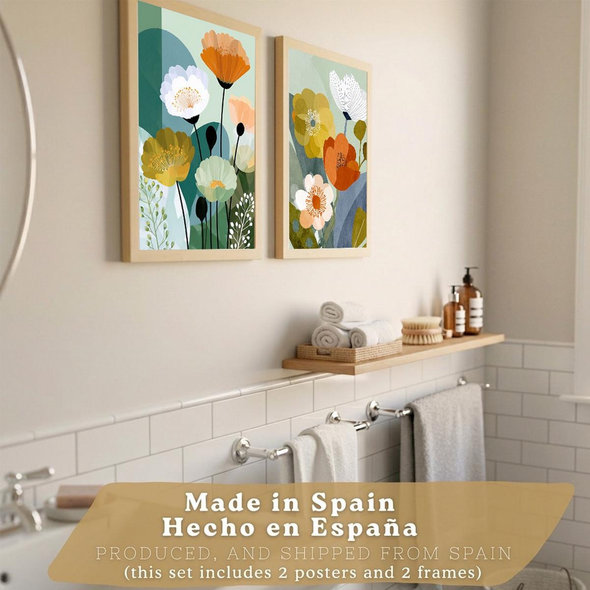 POSTER 2er-Set dekorative Badezimmerdrucke, moderne florale Wandposter für Waschbecken, abstrakte florale, nordischer Stil Leichter Holzrahmen A3 - Beige, Papier (42/29.7/3cm) - Nacnic