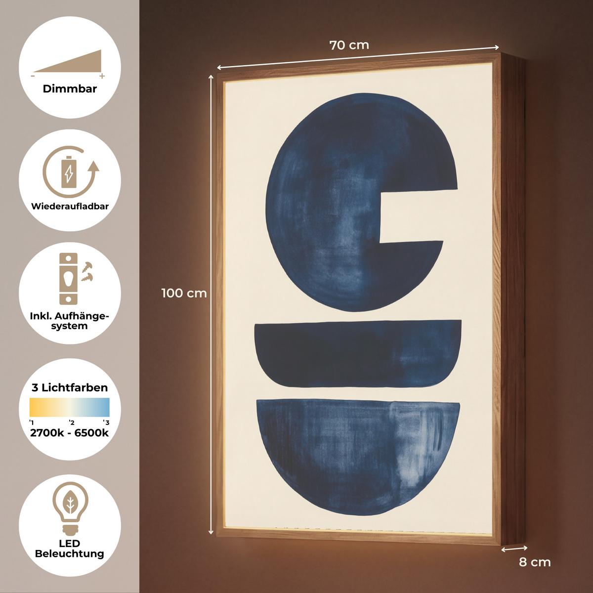 WANDLEUCHTE MIT AKKU Formen - Blau - Abstrakt 70x100 cm - Dunkelblau, Holzwerkstoff (70/100/8cm) - OnlyWow