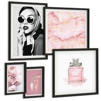 BILDER SET 5er Set - 50x50 cm & 20x30 cm & 40x60 cm Schwarzer Rahmen - Stilvolle pinkfarbene Accessoires - Schwarz, Kunststoff (40/60cm) - TULUP