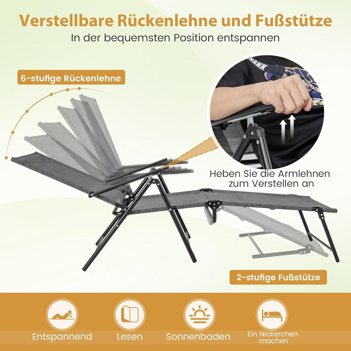 SONNENLIEGEN 2er-Set Grau - Grau, Metall (189/102/64cm) - COSTWAY