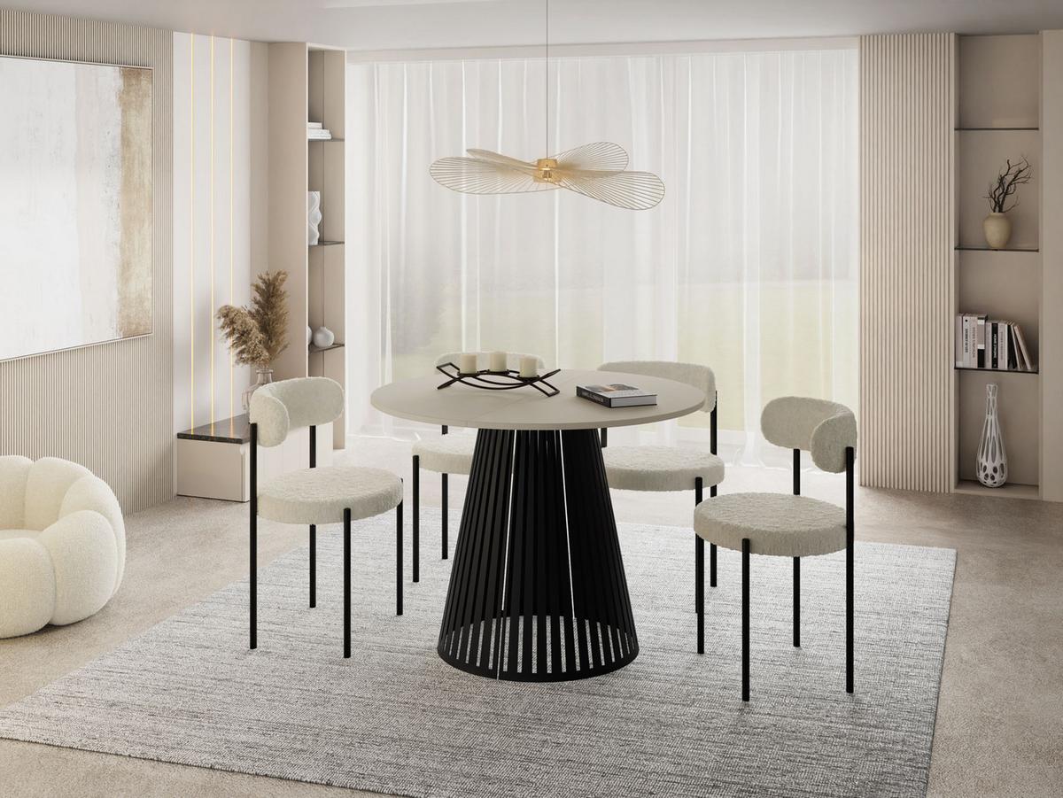 ESSTISCH Naro rund ausziehbar mit Schwarzem Lamellen-Metallgestell, Beige Cashmere 100-180/100/76 cm - Kaschmir/Schwarz, Holzwerkstoff/Metall (100/176/76cm) - WFL GROUP