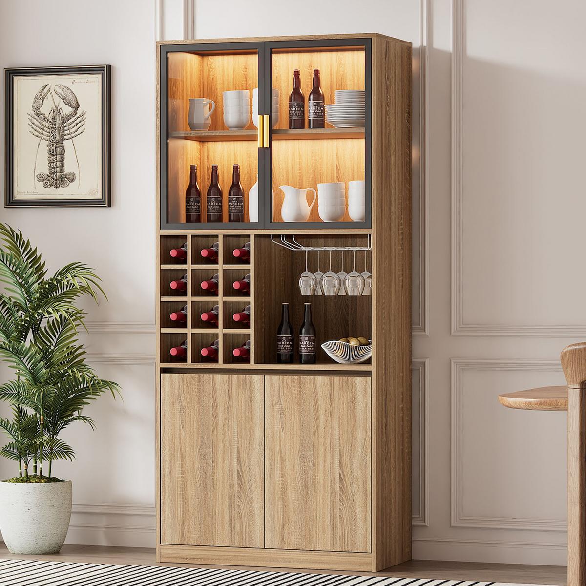 VITRINE mit Weinregal und LED - Hellbraun, Glas/Holzwerkstoff (40/180/80cm) - Urban Meuble