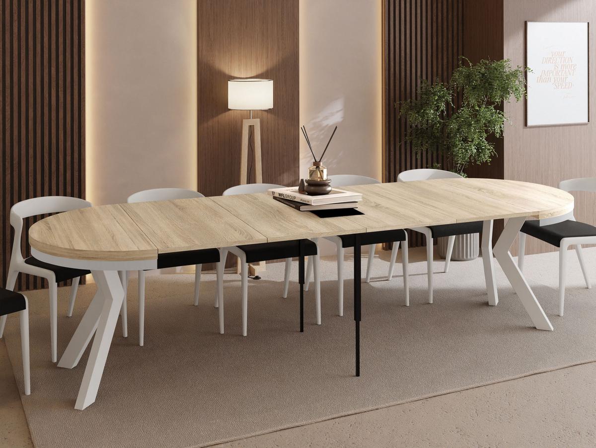 ESSTISCH Savio Weiß Neo rund ausziehbar verlängerbar XXL, Eiche Sonoma Hellbraun 100-300/100/77 cm - Weiß/Sonoma Eiche, Holz/Holzwerkstoff (100/300/77cm) - WFL GROUP