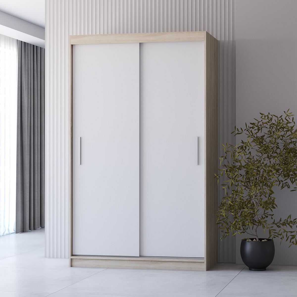 SCHWEBETÜRENSCHRANK NEOMI 04 ohne Spiegel Sonoma Eiche/Weiß 120 cm - Weiß/Sonoma Eiche, Holz (120/200/61cm) - imoebel24