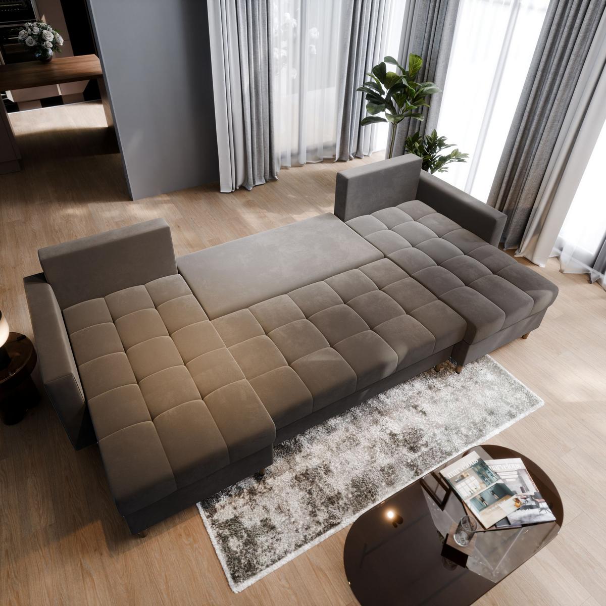 WOHNLANDSCHAFT MILO U Beige Plüsch-Stoff mit Schlaffunktion - Beige/Braun, Holz/Textil (285/91/140cm) - MASSENO