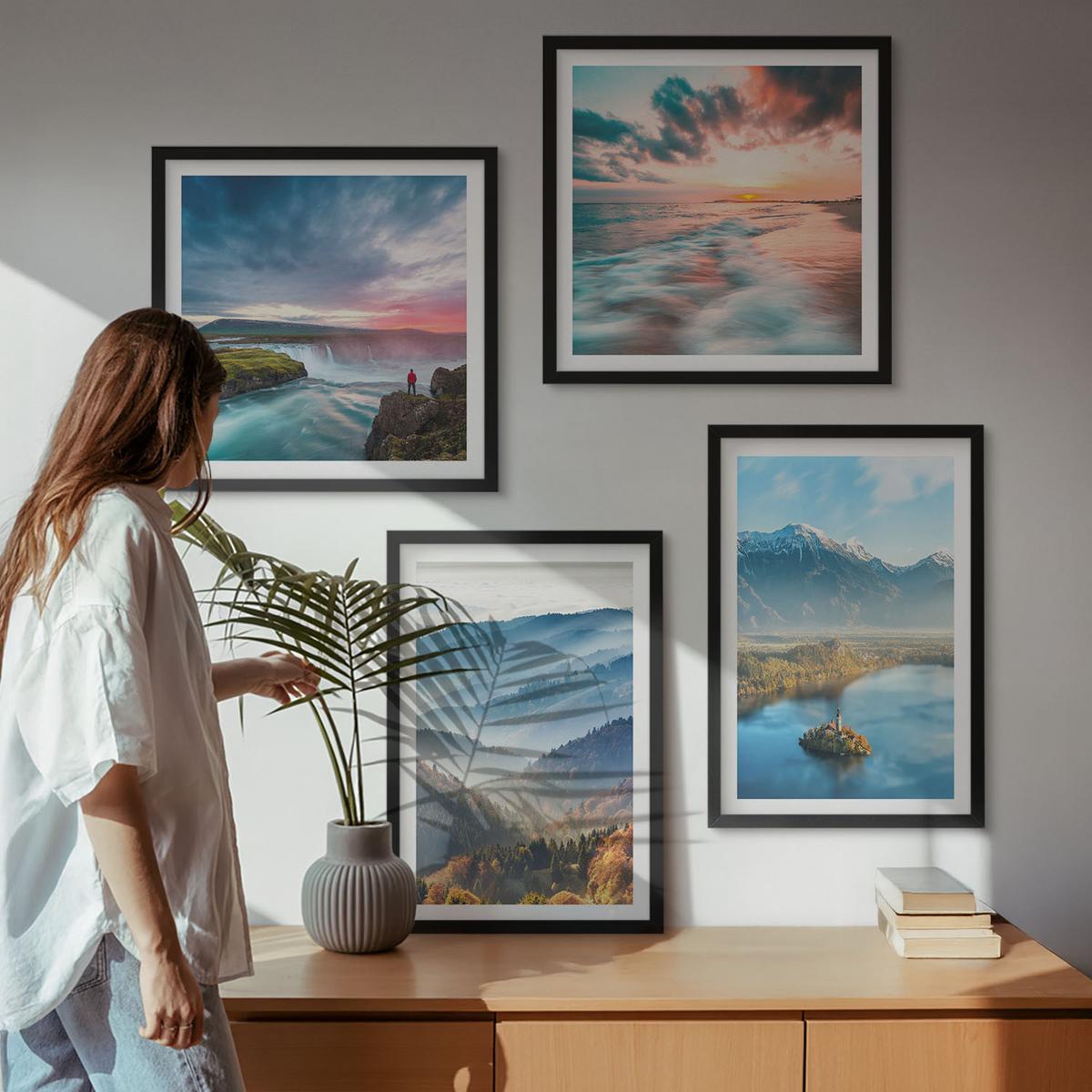 BILDER SET 4er Set - 50x50 cm & 40x60 cm Schwarzer Rahmen - Berglandschaften, Wasserfälle - Schwarz, Kunststoff (50/50cm) - TULUP