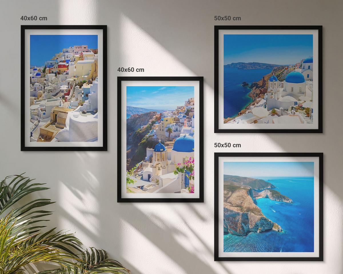BILDER SET 4er Set - 50x50 cm & 40x60 cm Schwarzer Rahmen - Architekturlandschaft Oia Santorin Griechenland - Schwarz, Kunststoff (50/50cm) - TULUP