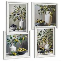 BILDER SET 4er Set - 50x50 cm & 40x60 cm Weißer Rahmen - Oliven in Keramikgrau - Weiß, Kunststoff (50/50cm) - TULUP