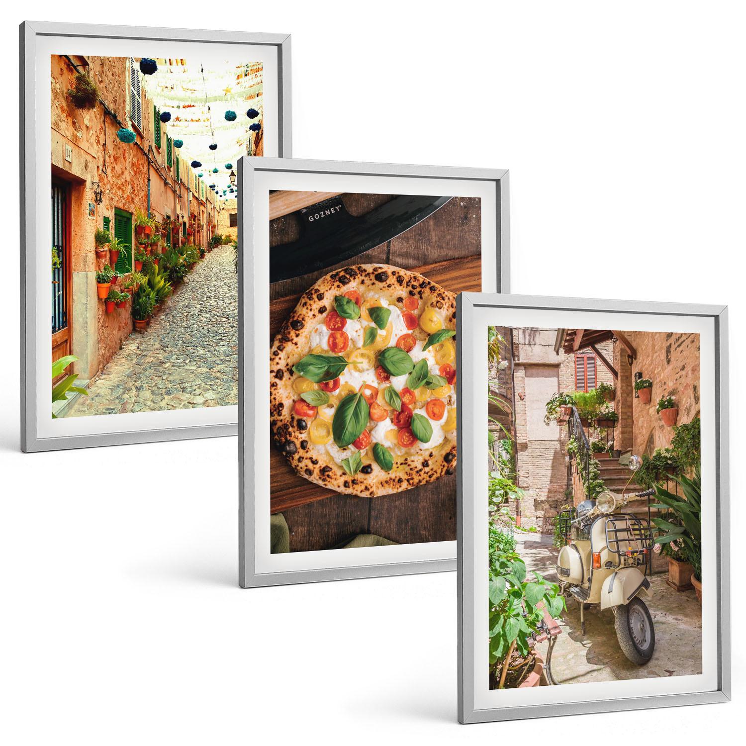 BILDER SET 3er Set - 40x60 cm Silberner Rahmen - Charmante Straßen mit Pizza - Silberfarben, Kunststoff (40/60cm) - TULUP
