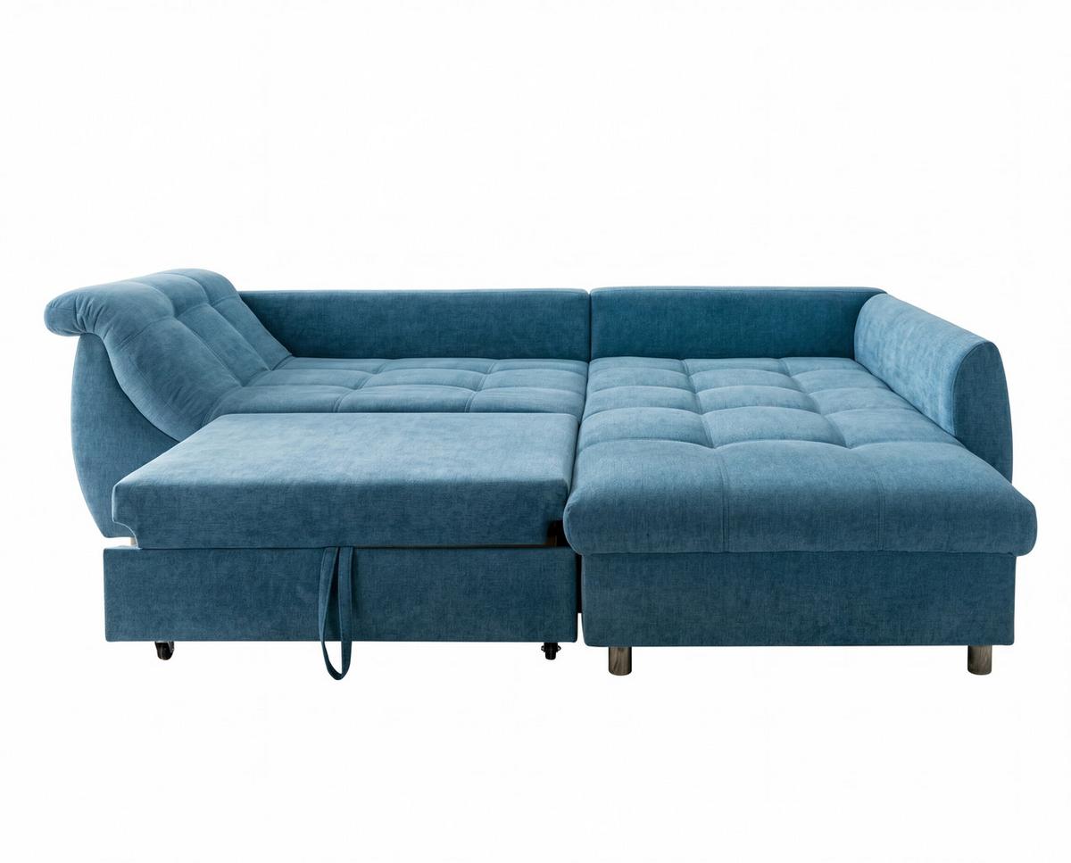 ECKSOFA mit Schlaffunktion, Bettkasten, Wellenunterfederung, Ottomane rechts B250/T190/H84 cm, Liegefl. 179x190 cm, Mikrofaser Blau / 17101 - Blau/Chromfarben, Textil/Metall (250/190cm) - luma-home