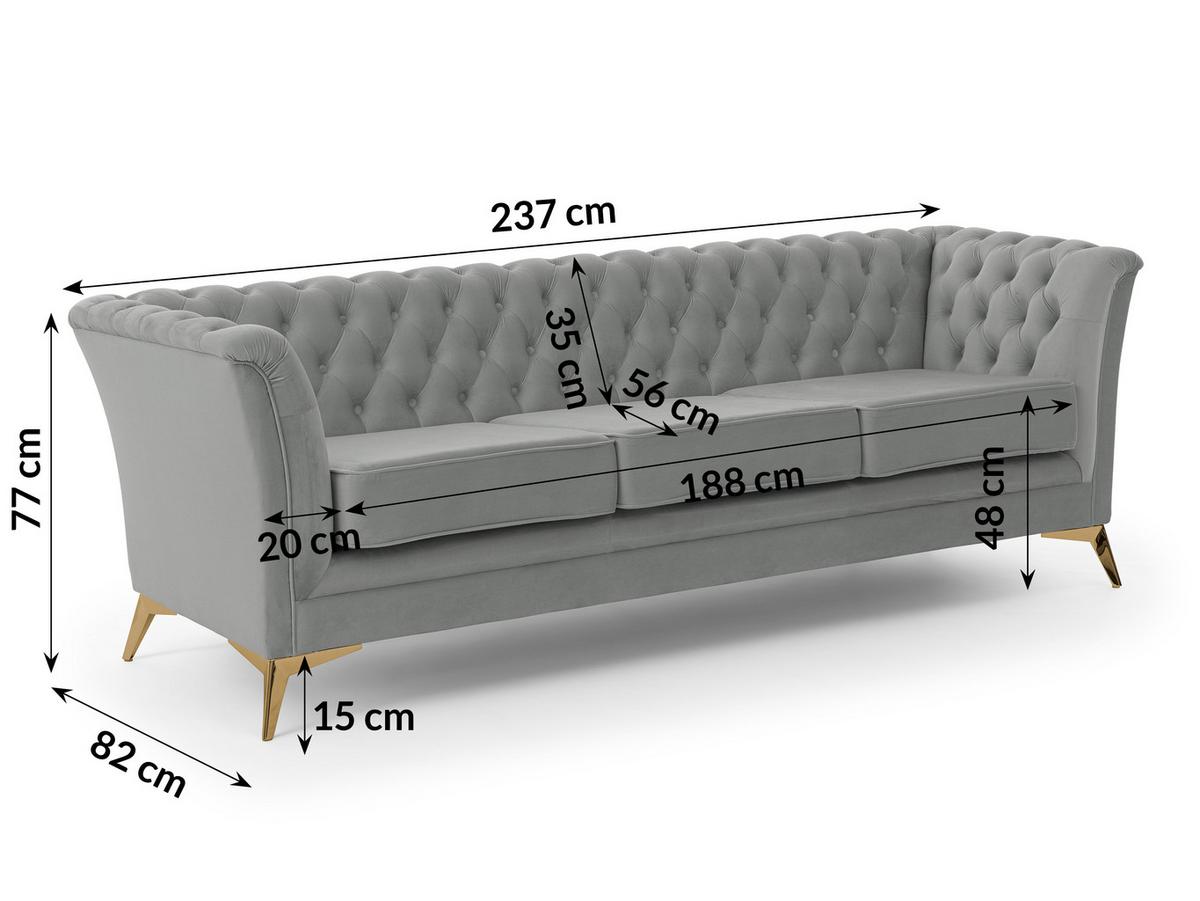CHESTERFIELD-SOFA 3-sitzer Whitby Grau Samt mit goldenen Füßen - Goldfarben/Grau, Holz/Textil (237/78/82cm) - S-Style Möbel
