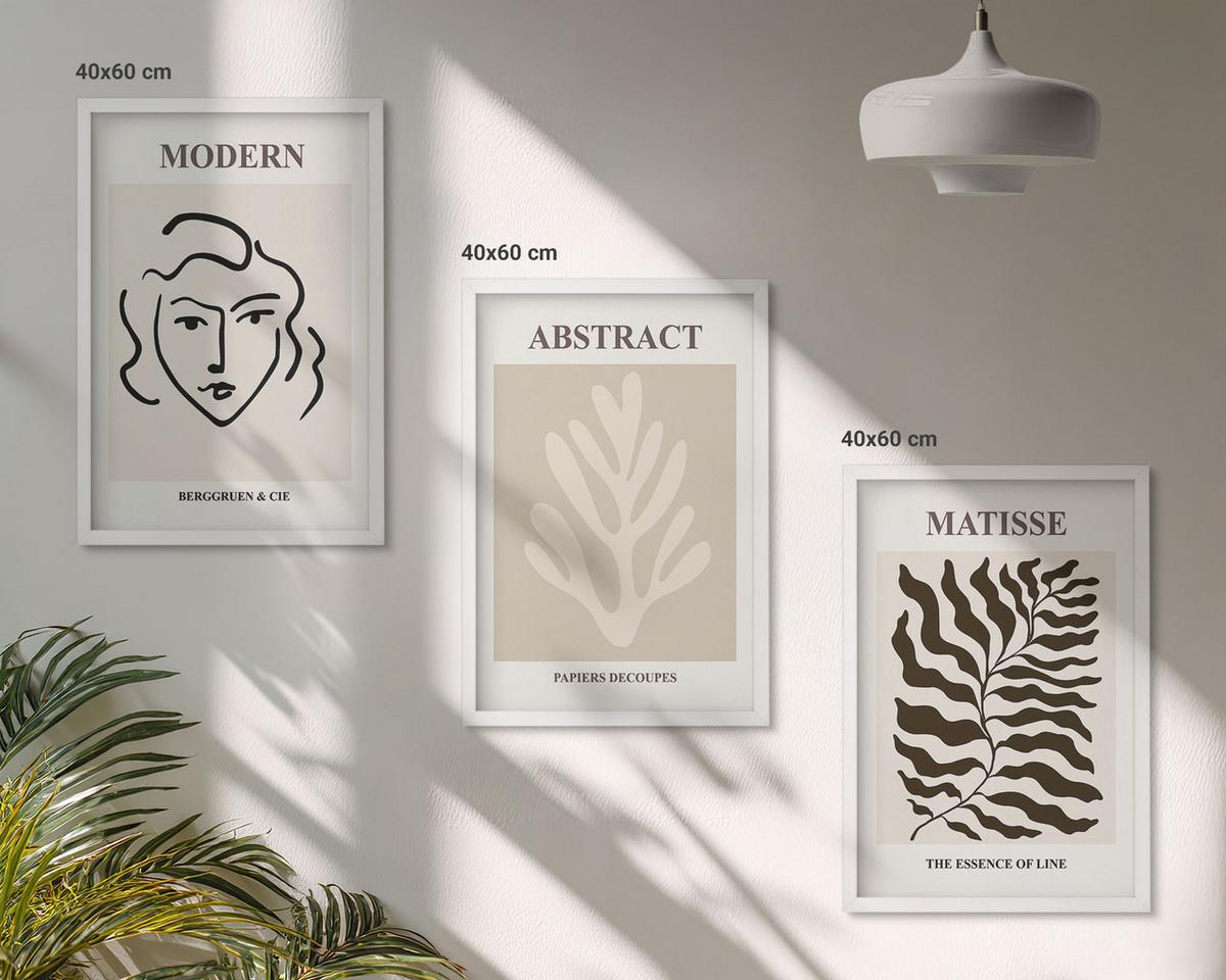BILDER SET 3er Set - 40x60 cm Weißer Rahmen - Gesicht Blätter Kunst Matisse - Weiß, Kunststoff (40/60cm) - TULUP