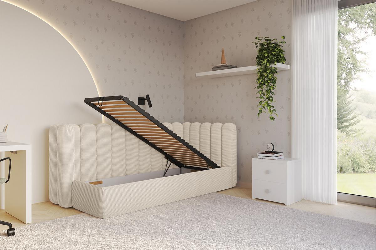 EINZELLBETT Jugendbett mit Bettkasten und Matratze H3/H4, Links - HUGY 100x200 Beige - Creme, Holzwerkstoff/Textil (100/200cm) - ALTDECOR