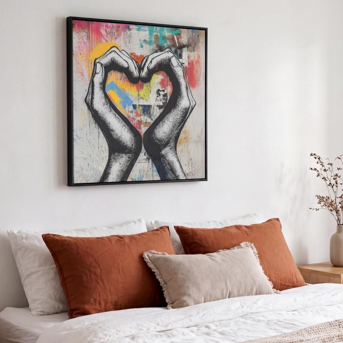 LEINWAND Bilder mit Rahmen - Hände - Herz - Straßenkunst - Graffiti - 50x50 - Multicolor, Textil (50/50cm) - MuchoWow