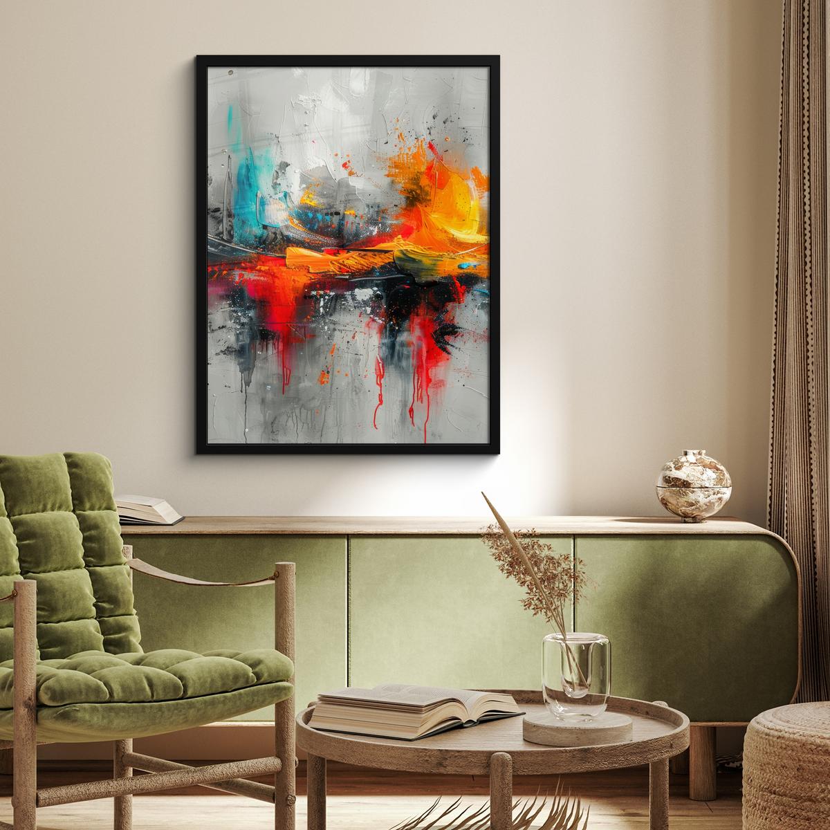 POSTER MIT RAHMEN Moderne Kunst - Orange - Grau - Abstrakt Posterleiste 60x80 cm - Hellgrau, Papier (60/80cm) - MuchoWow