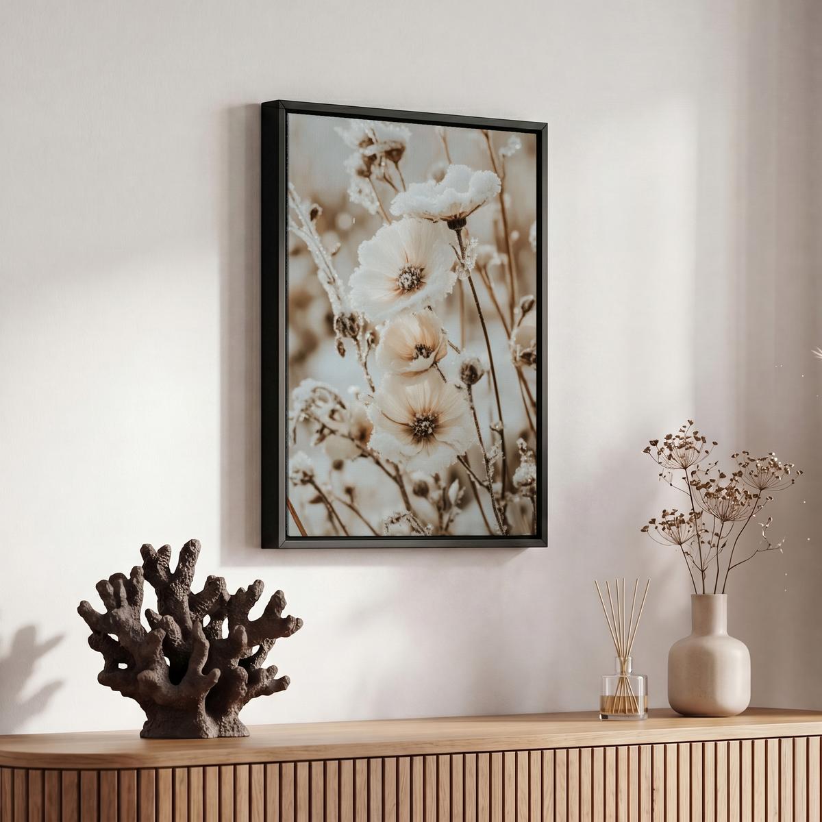 LEINWAND Bilder mit Rahmen - Blumen - Winter - Weiß - Schnee - Beige - 20x30 - Creme, Textil (20/30cm) - MuchoWow
