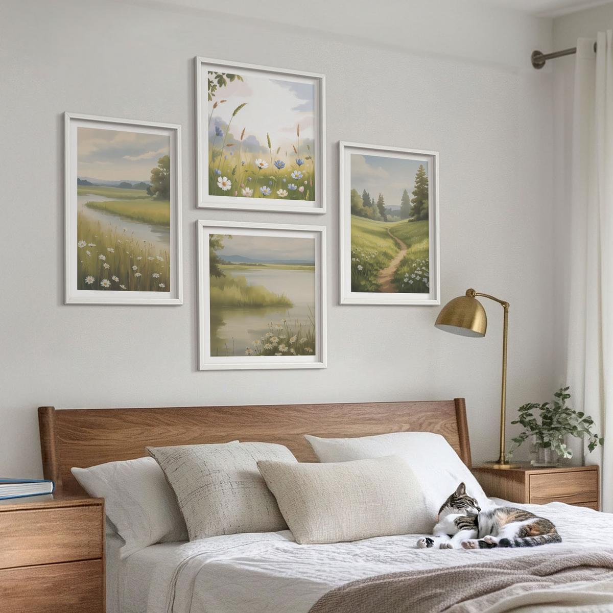 BILDER SET 4er Set - 50x50 cm & 40x60 cm Weißer Rahmen - Frühlingslandschaft Flusswiese - Weiß, Kunststoff (50/50cm) - TULUP