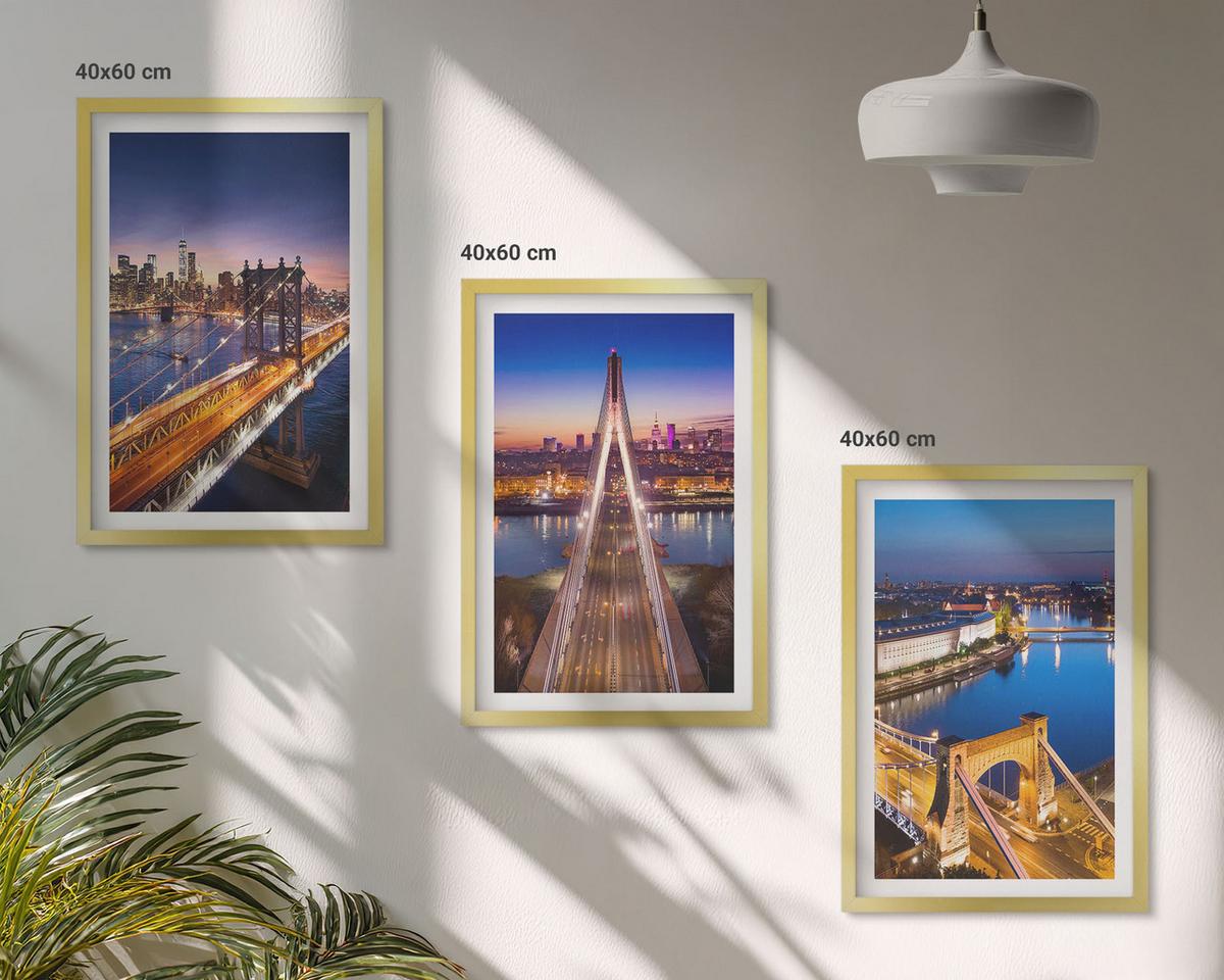 BILDER SET 3er Set - 40x60 cm Goldrahmen - Städte bei Nacht, Brücken, Flüsse - Goldfarben, Kunststoff (40/60cm) - TULUP
