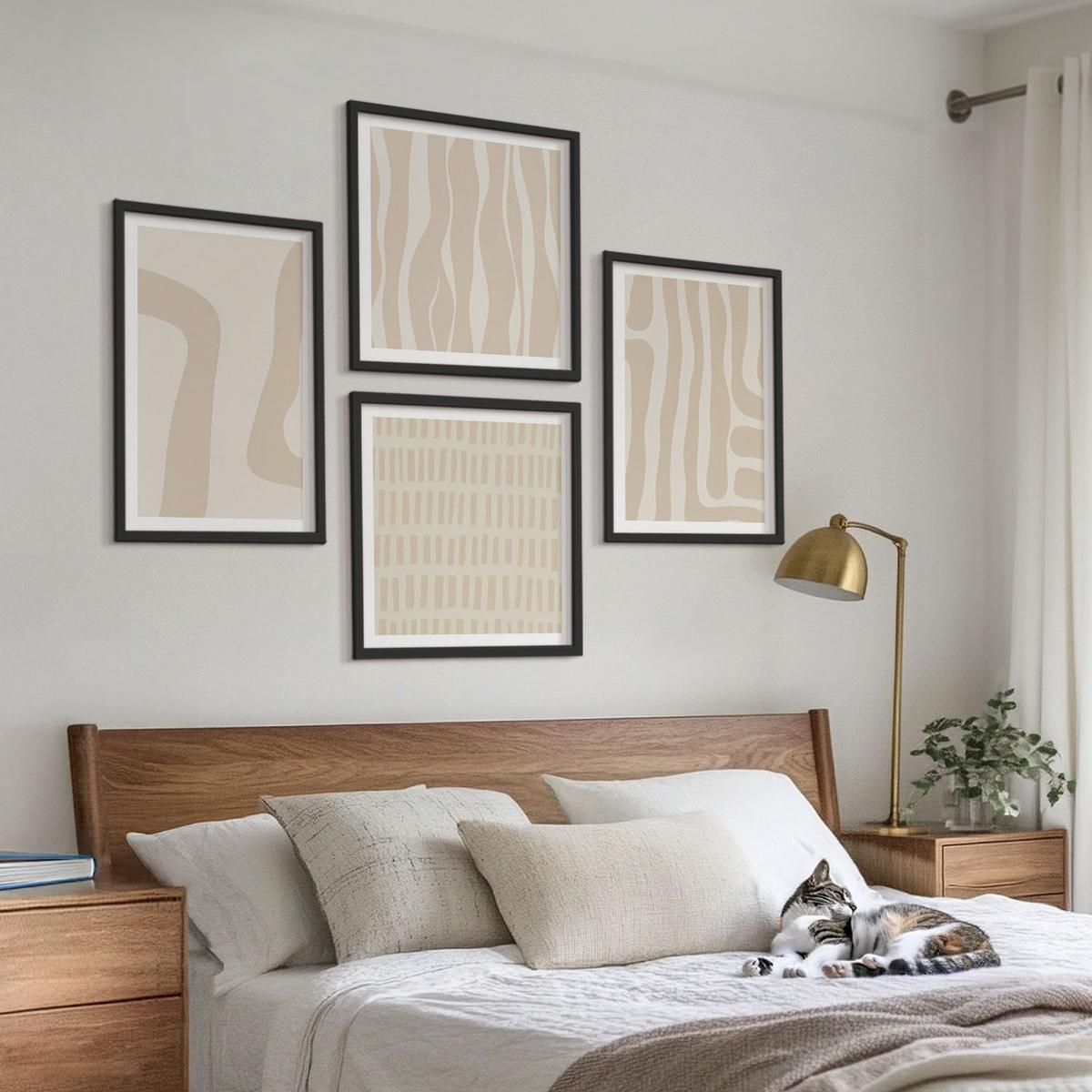 BILDER SET 4er Set - 50x50 cm & 40x60 cm Schwarzer Rahmen - Abstrakte Boho-Musterformen - Schwarz, Kunststoff (50/50cm) - TULUP