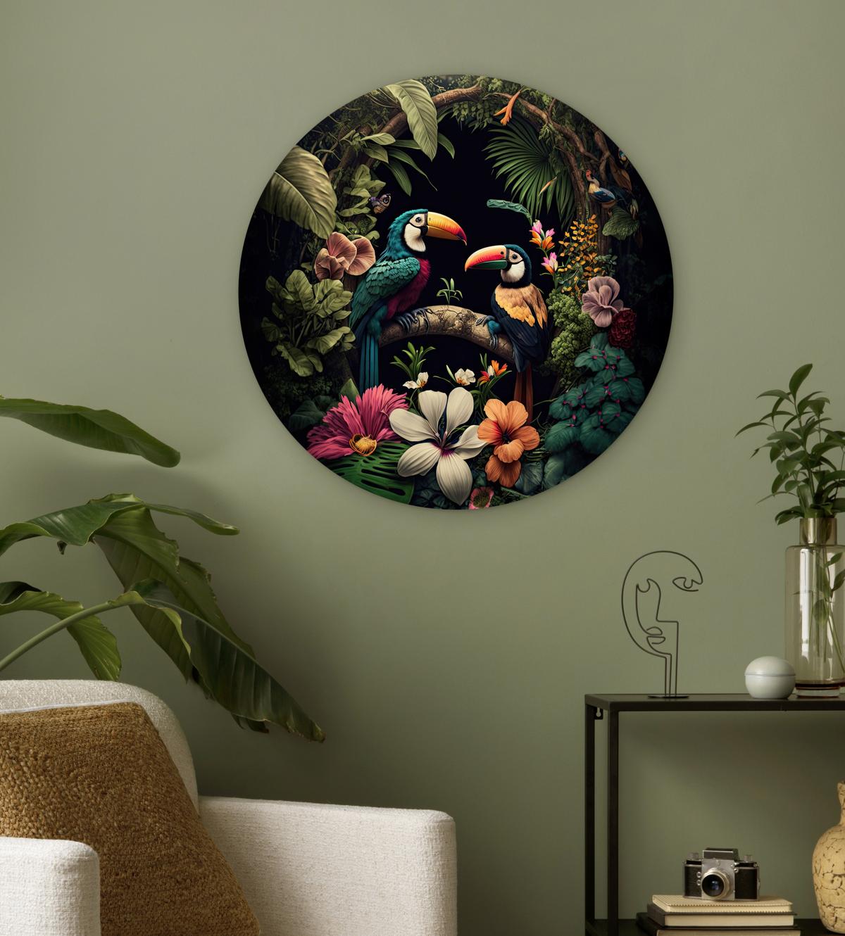 WANDBILD Vogel - Blumen - Pflanzen - Dschungel - Schwarz - Tukan Wanddeko Schlafzimmer 60x60 cm - Smaragdgrün, Kunststoff (60/60cm) - MuchoWow