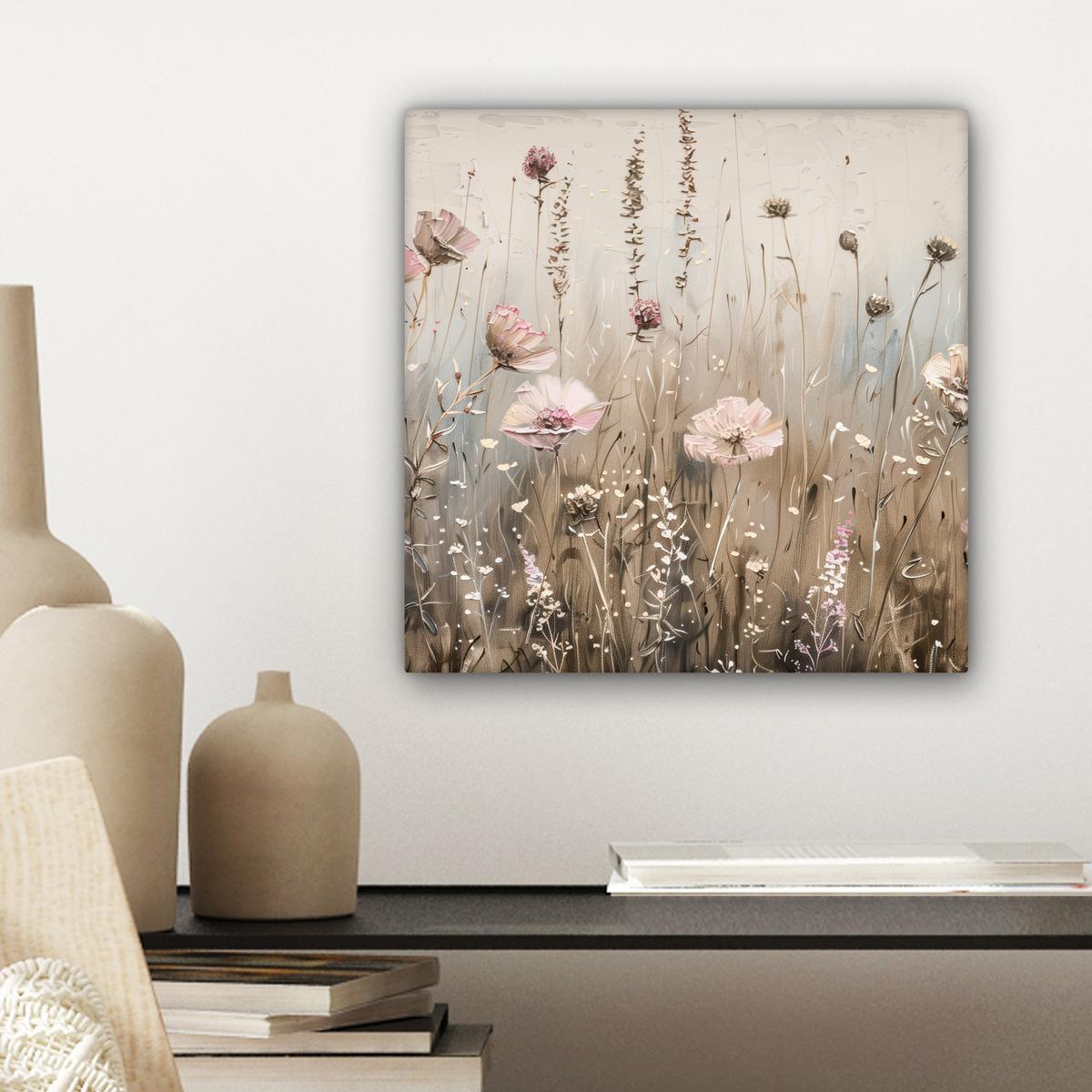 LEINWANDBILD Blumen - Rosa - Modern - Beige Deko Wohnzimmer 20x20 cm - Beige, Textil (20/20cm) - MuchoWow