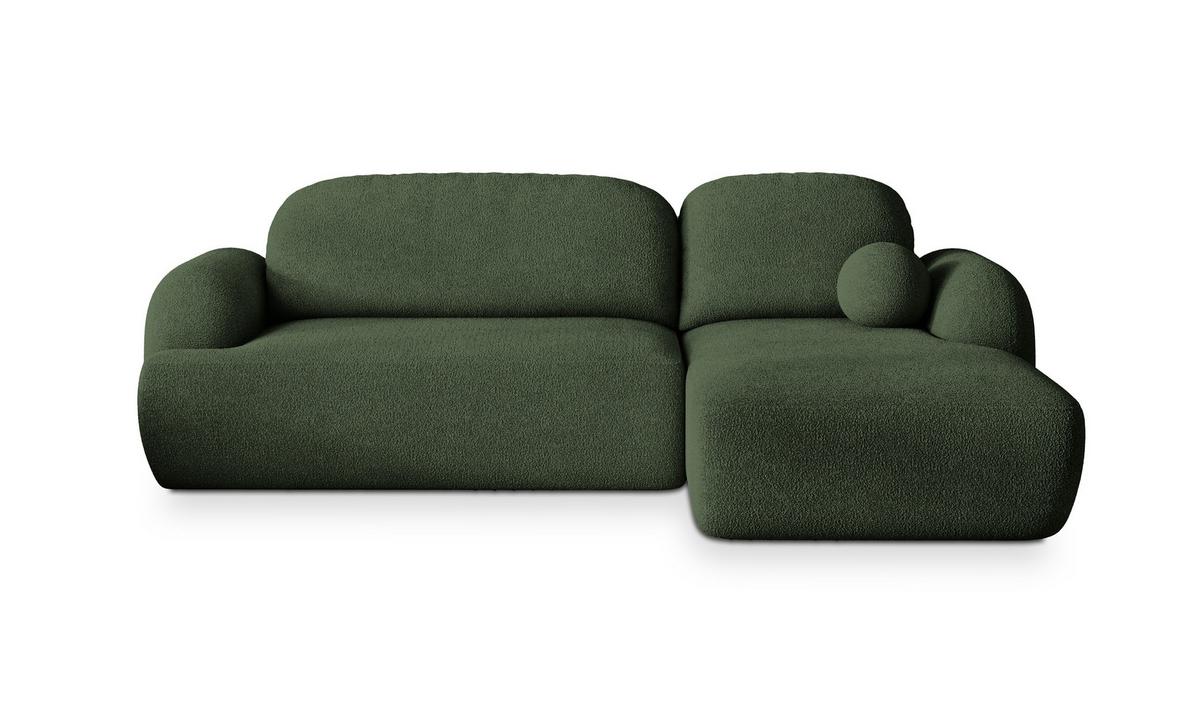 ECKSOFA MODENZA N R-S Grün Boucle-Stoff mit Schlaffunktion - Schwarz/Grün, Holz/Kunststoff (266/148cm) - MASSENO