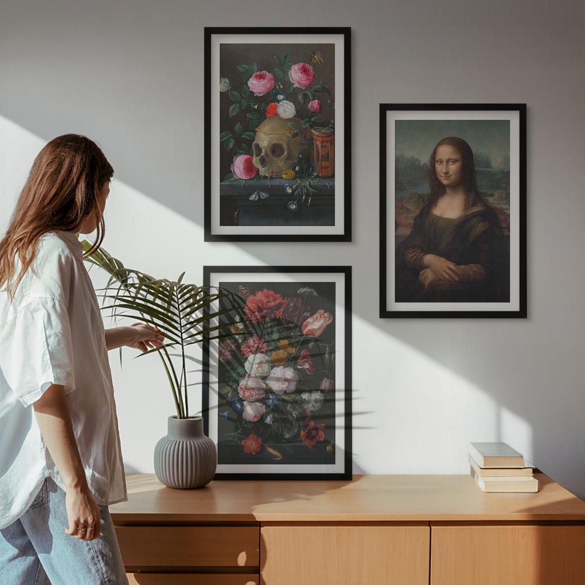 BILDER SET 3er Set - 40x60 cm Schwarzer Rahmen - Blumenschädel-Porträt Mona Lisa - Schwarz, Kunststoff (40/60cm) - TULUP