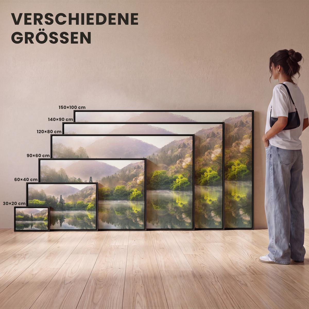 LEINWAND Bilder mit Rahmen - Natur - Bäume - Berge - See - Wasser - 140x90 - Hellgrün, Textil (140/90cm) - MuchoWow