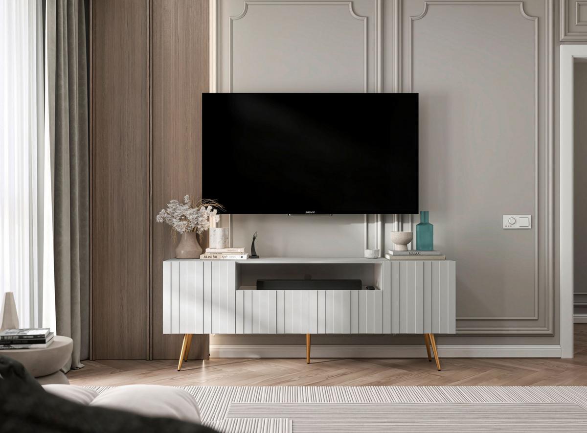 TV-SCHRANK Elpis2 Weiß Matt mit goldenen Metallbeine Glamour 150 cm - Goldfarben/Weiß, Holzwerkstoff/Metall (150/60.5/36.5cm) - Meble Lindner