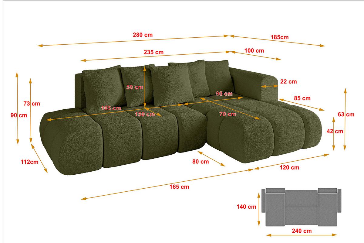 ECKSOFA Ottomane Rechts CLOUD-L-v1 280x185x90 Grün Bouclé - Grün, Holzwerkstoff/Kunststoff (185/280cm) - ALTDECOR