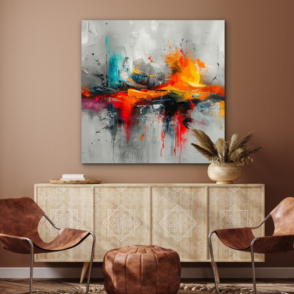 METALLBILD Moderne Kunst - Orange - Grau - Abstrakt 90x90 cm - Hellgrau, Metall (90/90cm) - MuchoWow