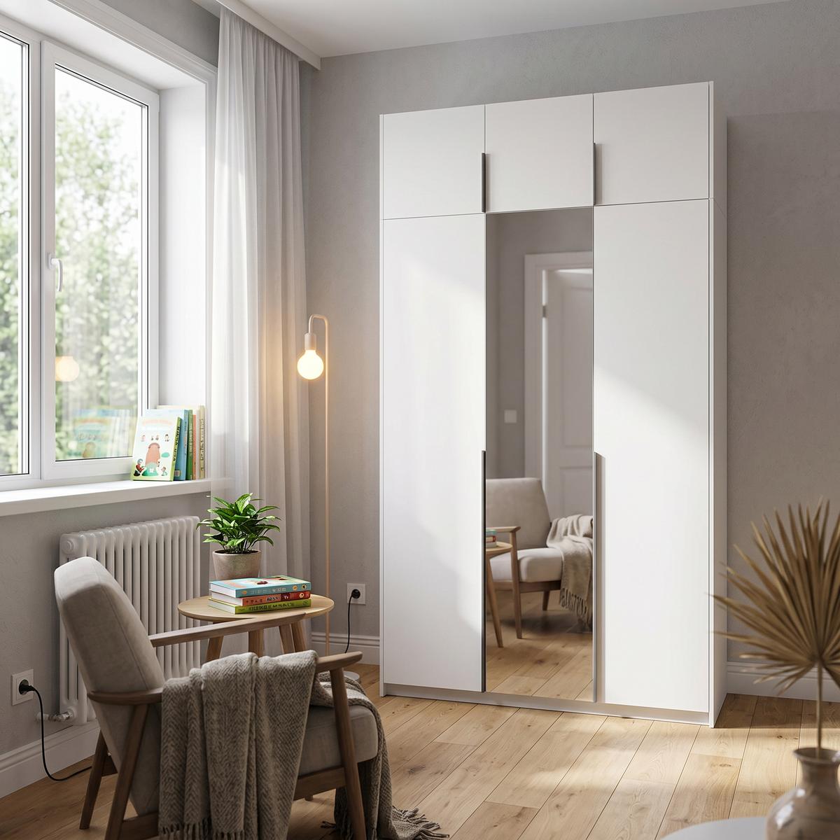 DREHTÜRENSCHRANK THALIA 148/250/58cm 3-türig mit Spiegel Weiß - Weiß, Holzwerkstoff (148/250/58cm) - MASSENO
