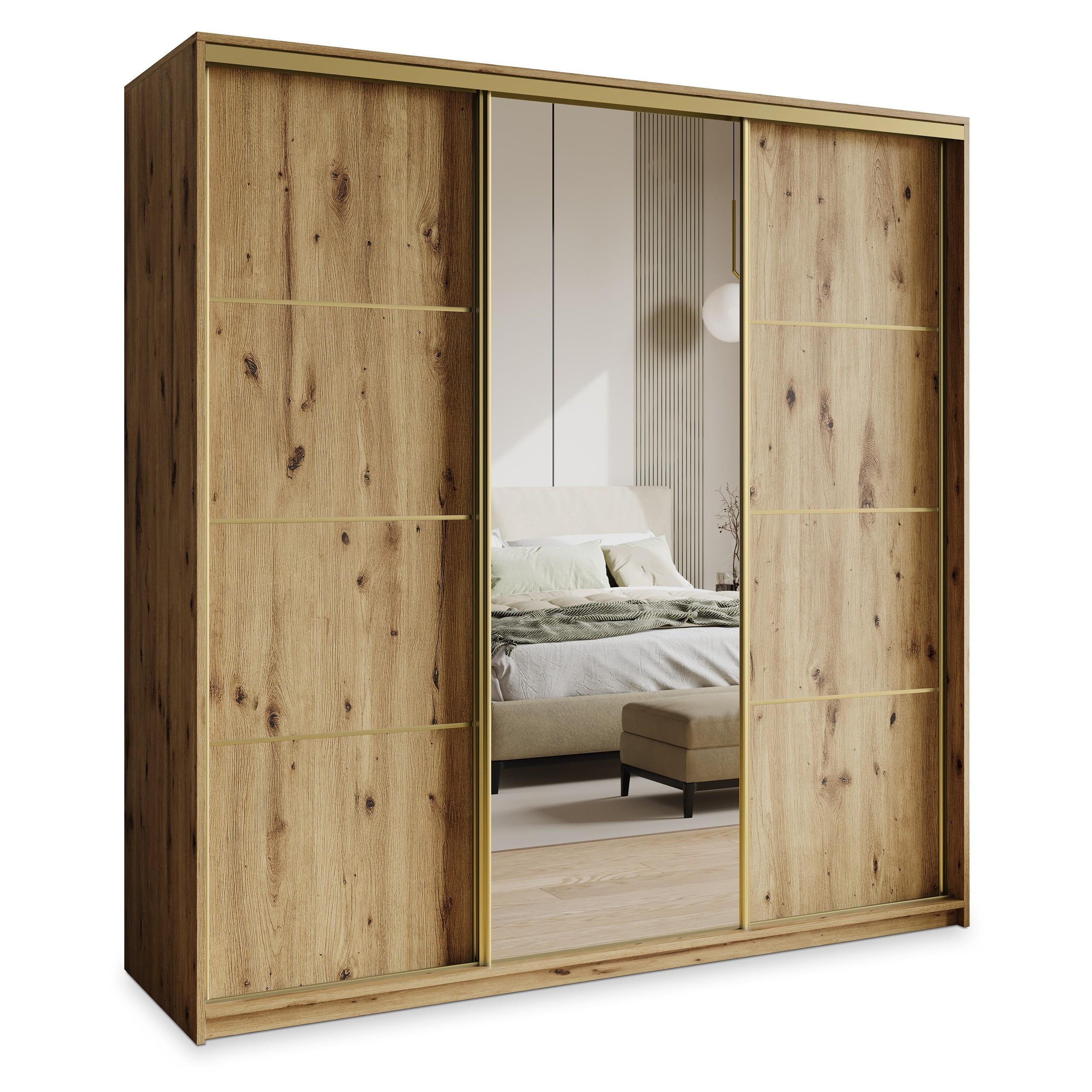 SCHWEBETÜRENSCHRANK VARO 180/205/60 cm 3-türig mit Spiegel und Schubladen Eiche Artisan - Goldfarben/Eiche Artisan, Holzwerkstoff (180/205/60cm) - MASSENO